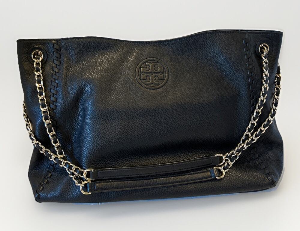 LN- Tory Burch Marion Large Pebble Leather Shoulder Bag Chain Straps - Black